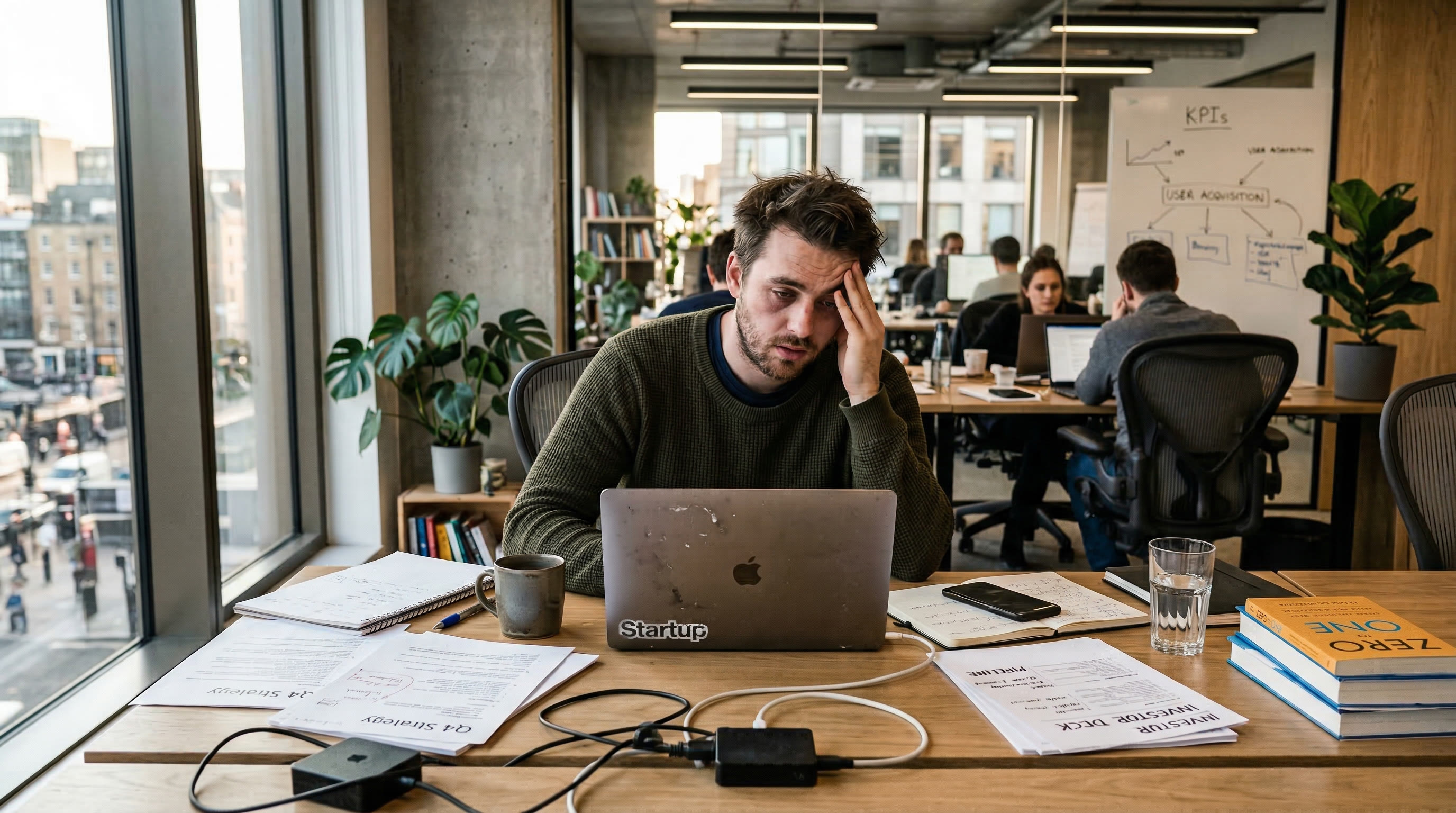 Founder at a desk, focused and working