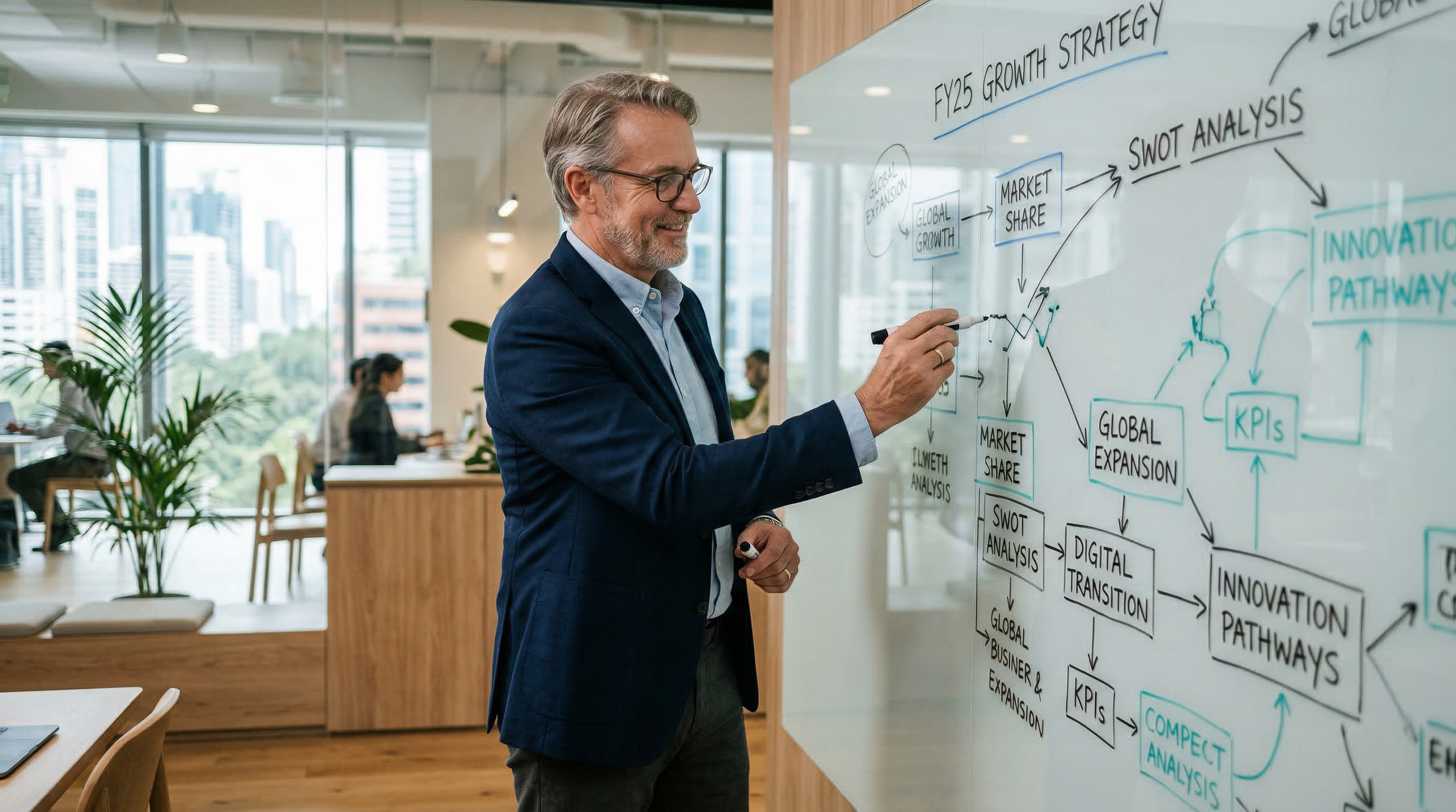 Senior professional working at a whiteboard in a modern office