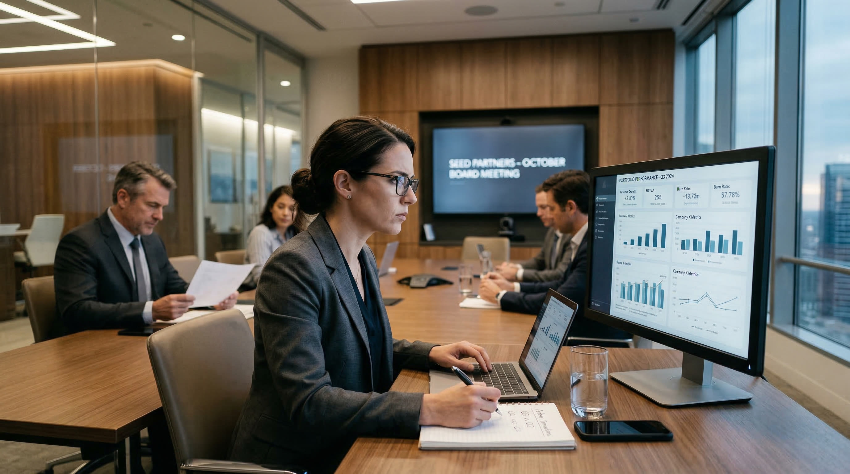VC professional reviewing data in a board meeting