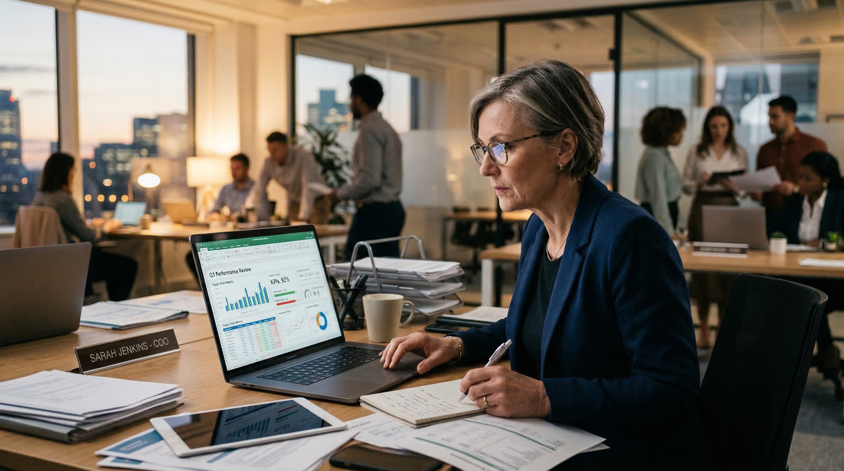 Senior operator reviewing data at a desk